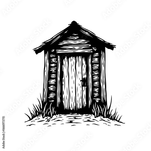 Rustic outhouse structure rendered in striking black and white woodcut style illustration
