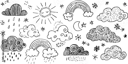 Whimsical hand drawn rain cloud doodles with sun stars and rainbows for creative design