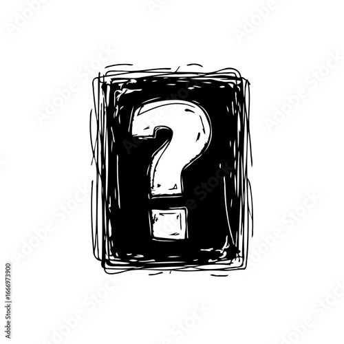 Simple question mark icon within expressive scribble box offering visual query and uncertainty for