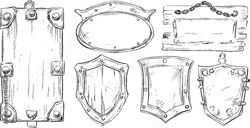 Hand drawn decorative rectangular riveted frames and shields collection for design projects