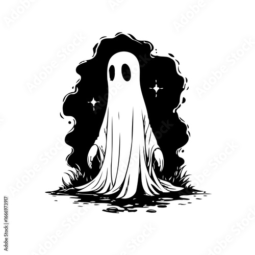 Simple ghostly monochrome illustration embodying the Halloween atmosphere and ethereal specter