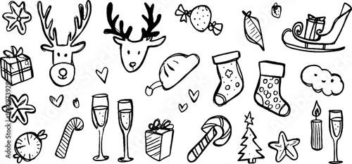 Festive collection of hand drawn reindeer silhouettes and holiday decorations for seasonal design
