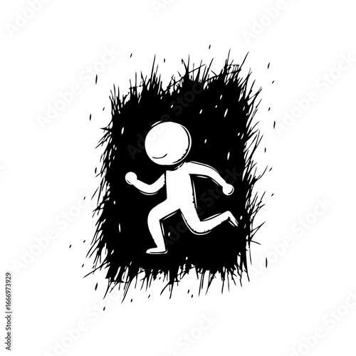 Simple stick figure character running against a textured monochrome background expressing movement