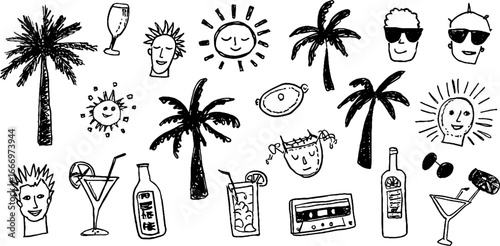Hand drawn retro palm trees and summer icons for decorative design