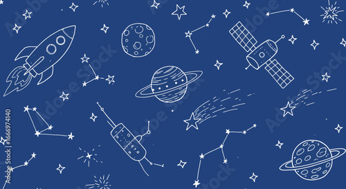 Whimsical Hand Drawn Space Exploration Theme with Rockets Planets Stars and Constellations on a Deep Blue Background a Delightful Illustration for Young Astronauts and Stargazers of All Ages