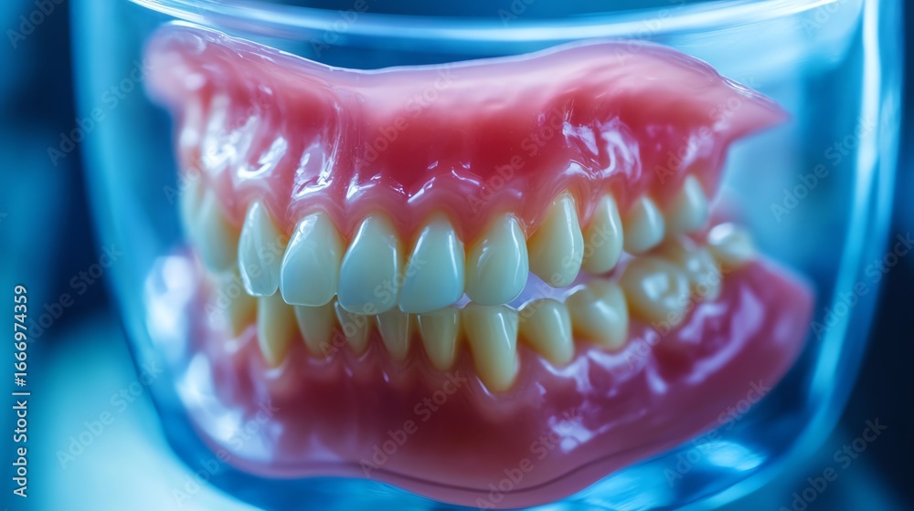 Obraz premium Closeup of dentures in cleaning container