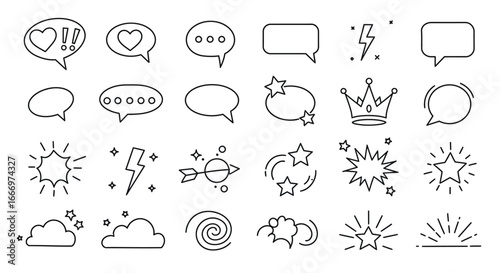 A Collection of Hand Drawn Speech Bubbles Stars Lightning Bolts Crowns and Other Decorative Elements for Design and Communication Projects
