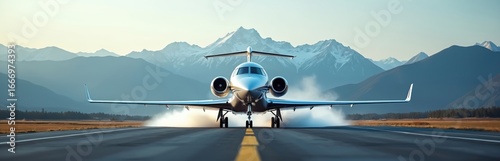 Sleek private jet takes off against majestic mountain landscape during sunrise or sunset. Elegant aircraft, modern design with silver and blue accents, demonstrates powerful motion on runway.