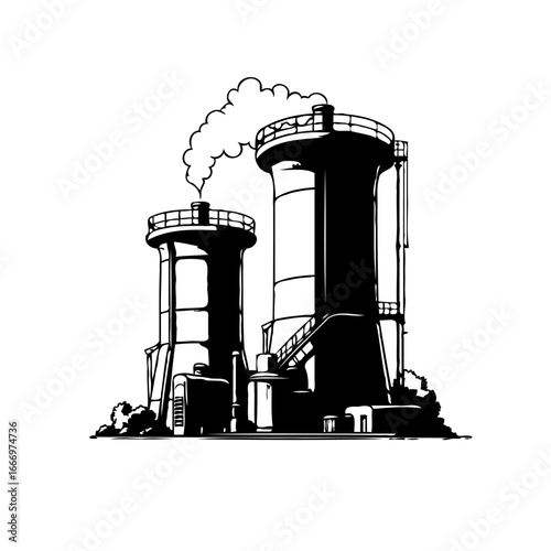 Stylized industrial complex sketch depicting steam emission from storage structures isolated