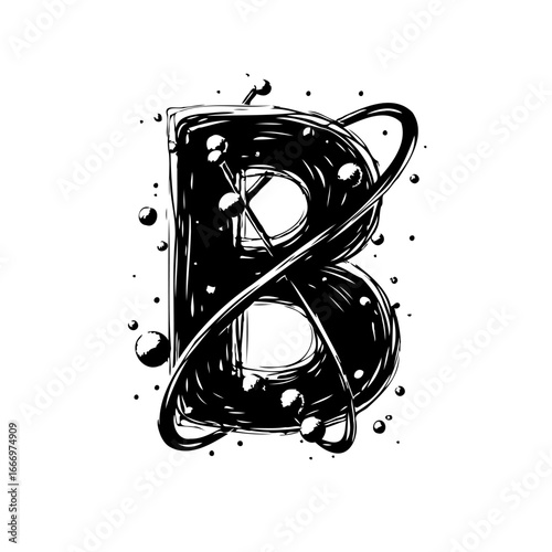 Stylized letter B design with orbital elements and unique textured hand-drawn appearance and