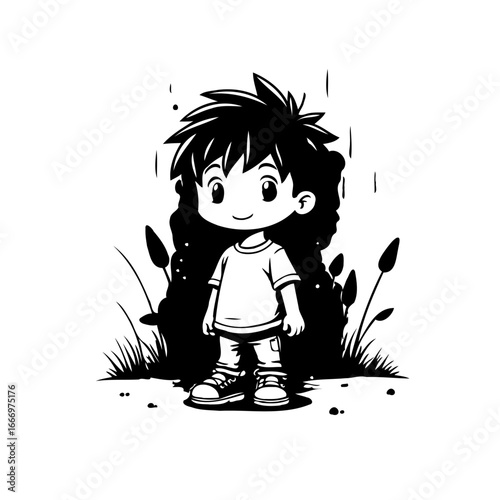 Stylized monochrome cartoon of a curious boy in a natural setting displaying innocence and simple