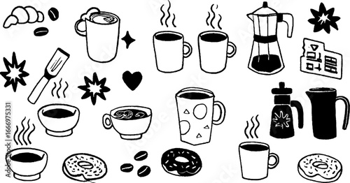 Hand drawn collection of decorative steaming coffee mugs and breakfast elements for creative design