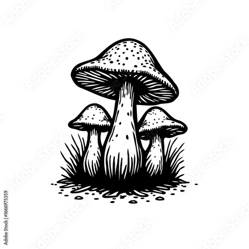 Stylized mushroom cluster illustration showcasing organic textures in a woodland setting