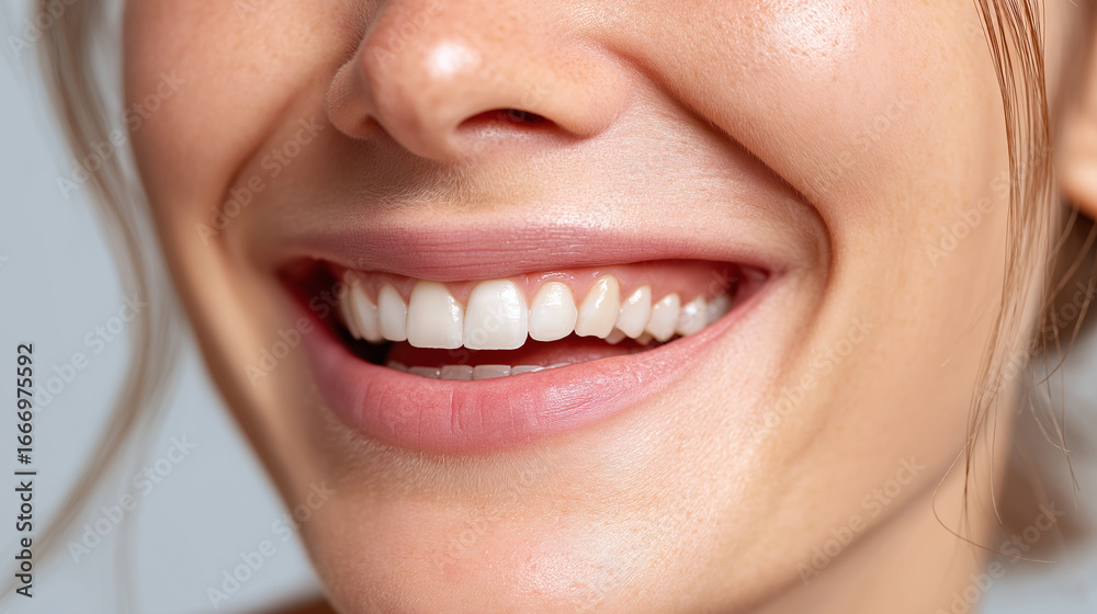 Obraz premium Close up of person smile showing healthy white teeth and smooth skin with natural light highlighting lips and nose, conveying happiness and confidence
