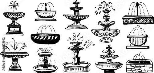 Hand drawn decorative tiered fountains collection for design projects