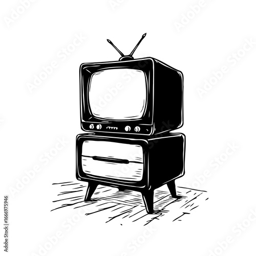 Vintage television receiver on furniture illustration depicting media bygone days broadcast