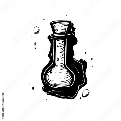 Vintage style potion bottle illustration isolated, showcasing dark liquid with abstract spill and
