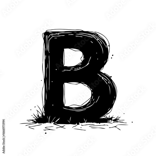 Whimsical alphabet presentation black letter B sketch with doodle style illustration on white