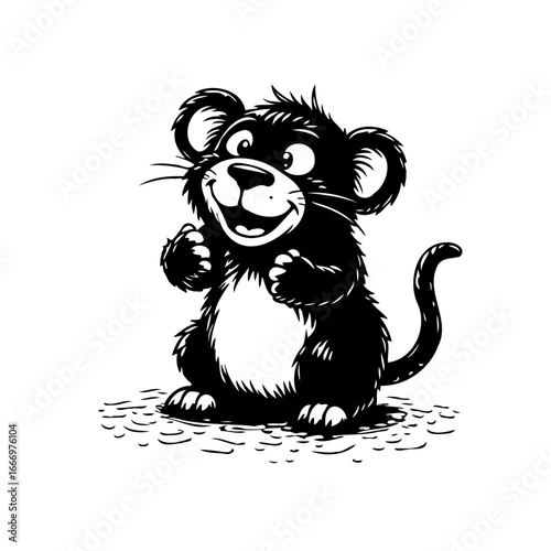 Whimsical black and white cartoon rodent character displaying a playful expression with fluffy