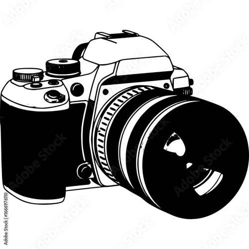 Photography Device Detailed: A close-up, detailed rendering of a contemporary photo camera, capturing its complex mechanical design and artistic potential.