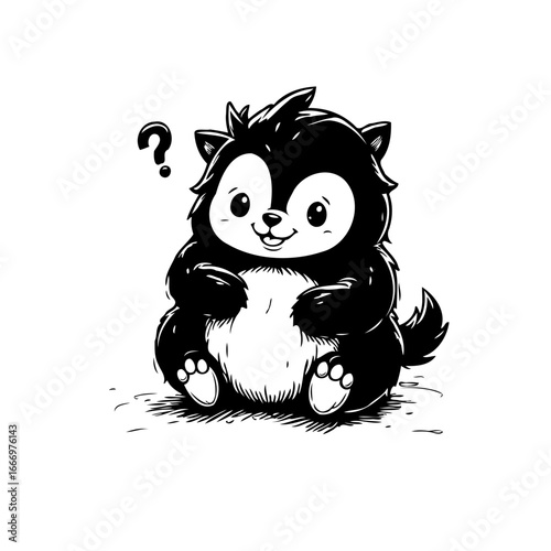 Whimsical black and white drawing of a bewildered cartoon creature pondering a question mark