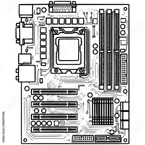 Motherboard in the Core: A detailed illustration of a computer's motherboard, showcasing the intricate components and pathways that define the digital heart of technology