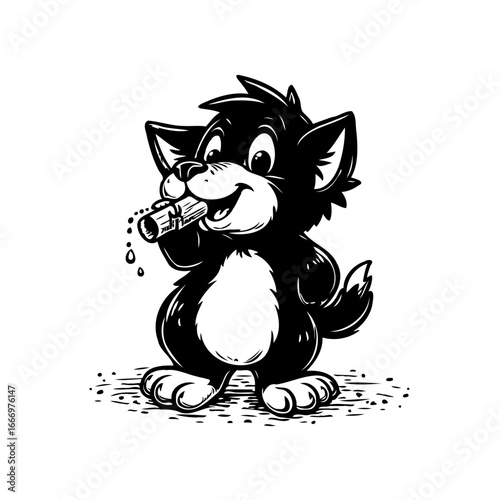 Whimsical black and white drawing of a cartoon cat joyfully sipping from a cylindrical vessel with