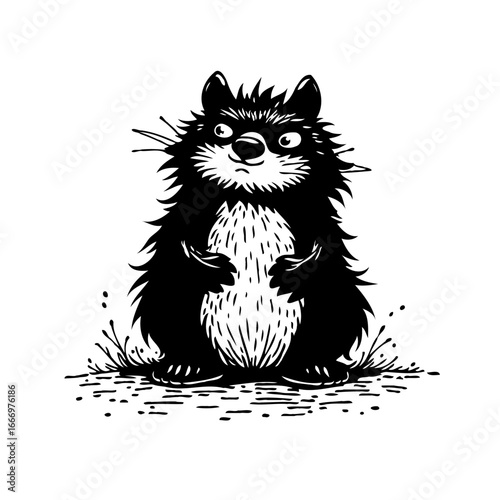 Whimsical black and white furry creature illustration evokes feelings of curiosity and amusement