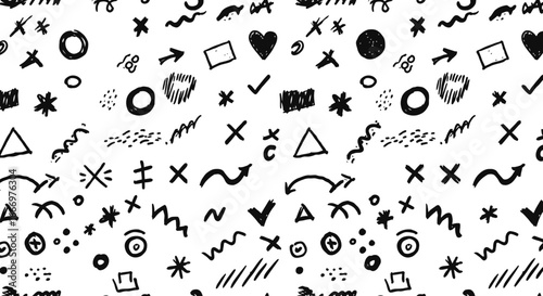 A Whimsical Collection of Hand Drawn Doodle Elements Featuring Arrows Hearts Stars Circles and Geometric Shapes Arranged in a Random Pattern for Creative Design Projects