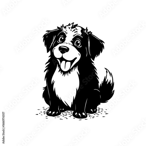 Whimsical canine illustration featuring a joyful black and white dog character ideal for