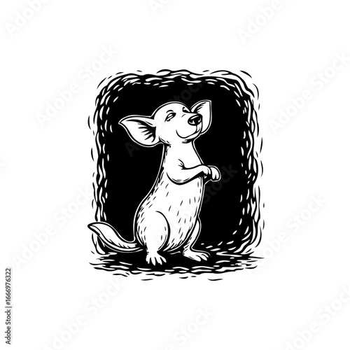 Whimsical canine illustration featuring a cheerful puppy begging within a textured frame a