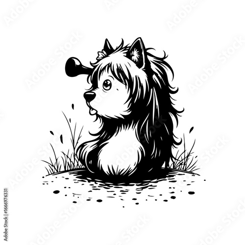 Whimsical canine portrait with a playful balloon nose and expressive gaze within a grassy field