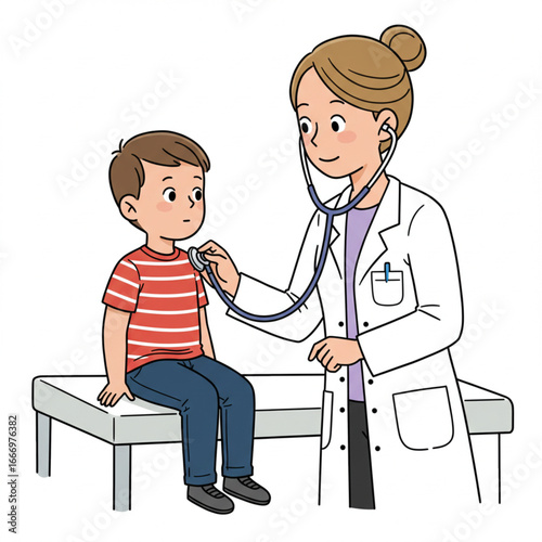 Doctor examining a child with a stethoscope in a medical office