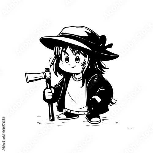 Whimsical cartoon illustration of a confident girl holding a unique device with an optimistic