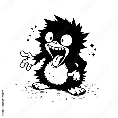 Whimsical creature showcases wild expressions and playful gestures in a black and white