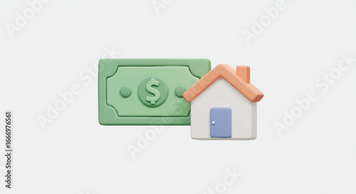 A 3D illustration of a dollar bill next to a small house, symbolizing real estate or home financing.