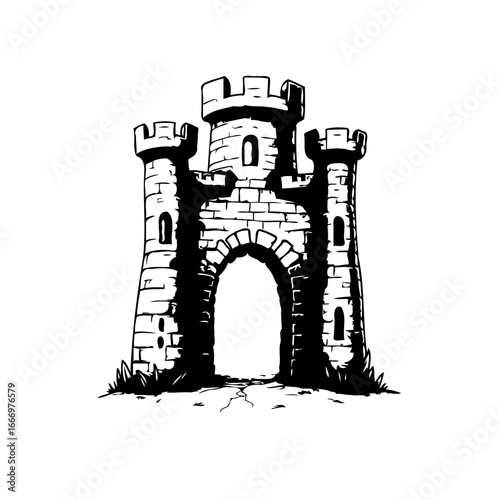 Whimsical depiction of a medieval fort in ink on white a nostalgic illustration a simple yet