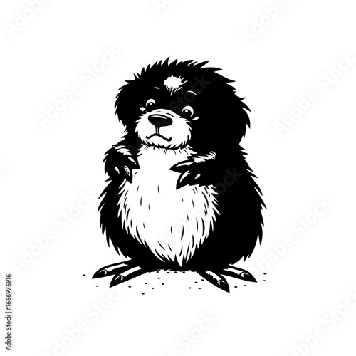 Whimsical furry creature with curious gaze presented in striking black and white illustration