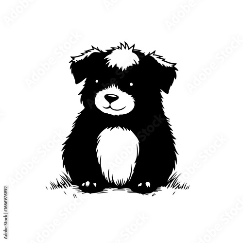 Whimsical hand drawn illustration of a fluffy puppy with endearing expression in black and white