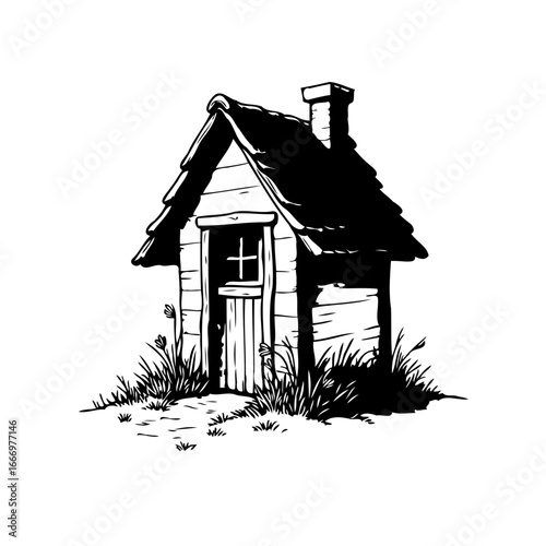 Whimsical isolated wood house sketch amidst foliage a quaint rural dwelling illustration chimney