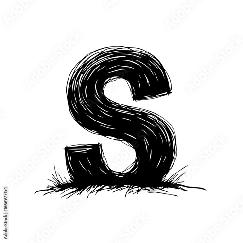 Whimsical letter illustration with textured shading on a stark white backdrop creating a striking