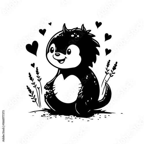 Whimsical monochrome character illustration with hearts and sprigs conveying charm and innocent