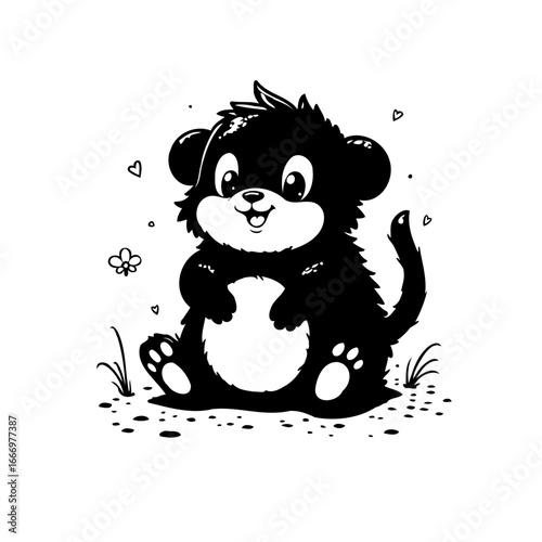 Whimsical monochrome creature illustration showcases cute furry animal character in a heartwarming