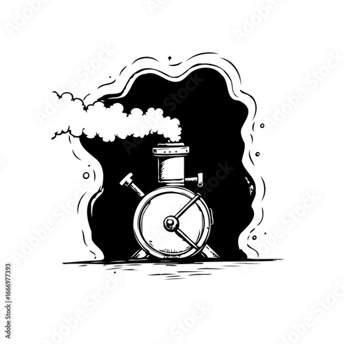 Whimsical monochrome depiction of fantastical machine releasing vapor within surreal cloudscape a