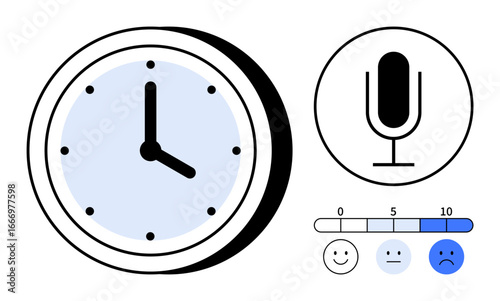 Clock showing time, microphone for audio recording, and a feedback scale with happy to sad faces. Ideal for productivity, communication, feedback, evaluation, time tracking, mood tracking simple