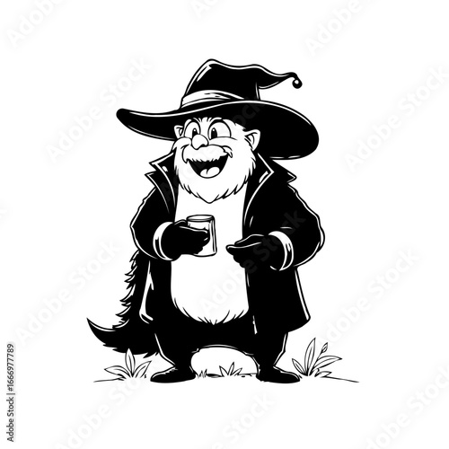 Whimsical skunk character enjoying beverage in wide brimmed hat cartoon artwork illustration sketch