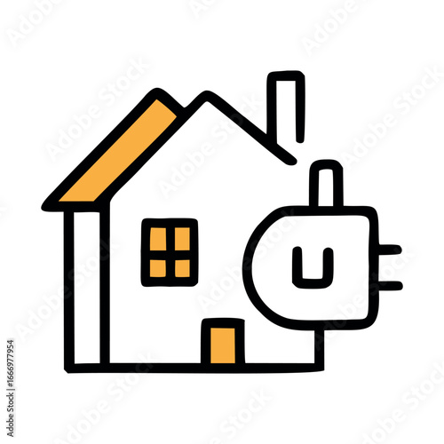 A simple illustration of a house with a power plug, symbolizing energy efficiency and sustainable living. The design features a minimalist style with bold lines.