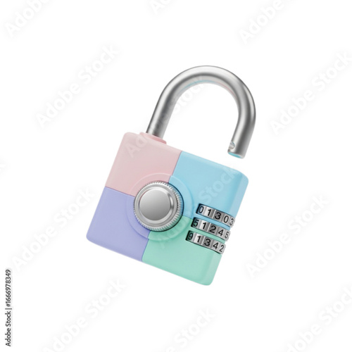 Colorful combination lock unlocked isolated on transparent background