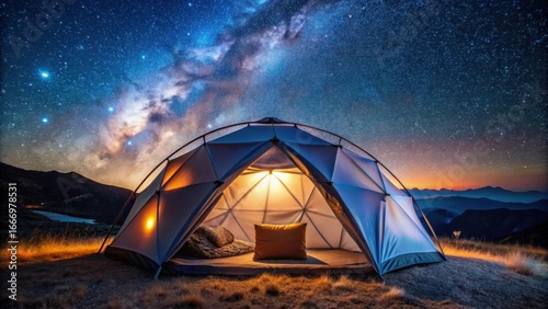 Illuminated geodesic dome tent under a breathtaking night sky, offering a tranquil escape amidst a starry expanse and majestic mountains