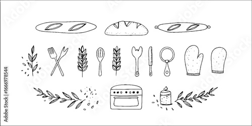 Hand drawn decorative bakery elements with baguette and kitchen utensils for design projects